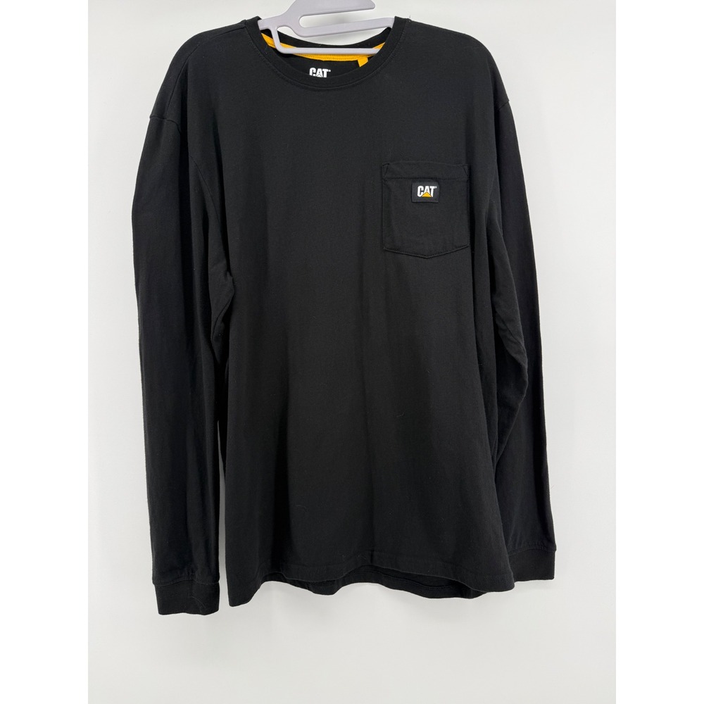 CAT Caterpillar Long Sleeve Pocket T-Shirt Mens Medium Black Crew Neck Workwear